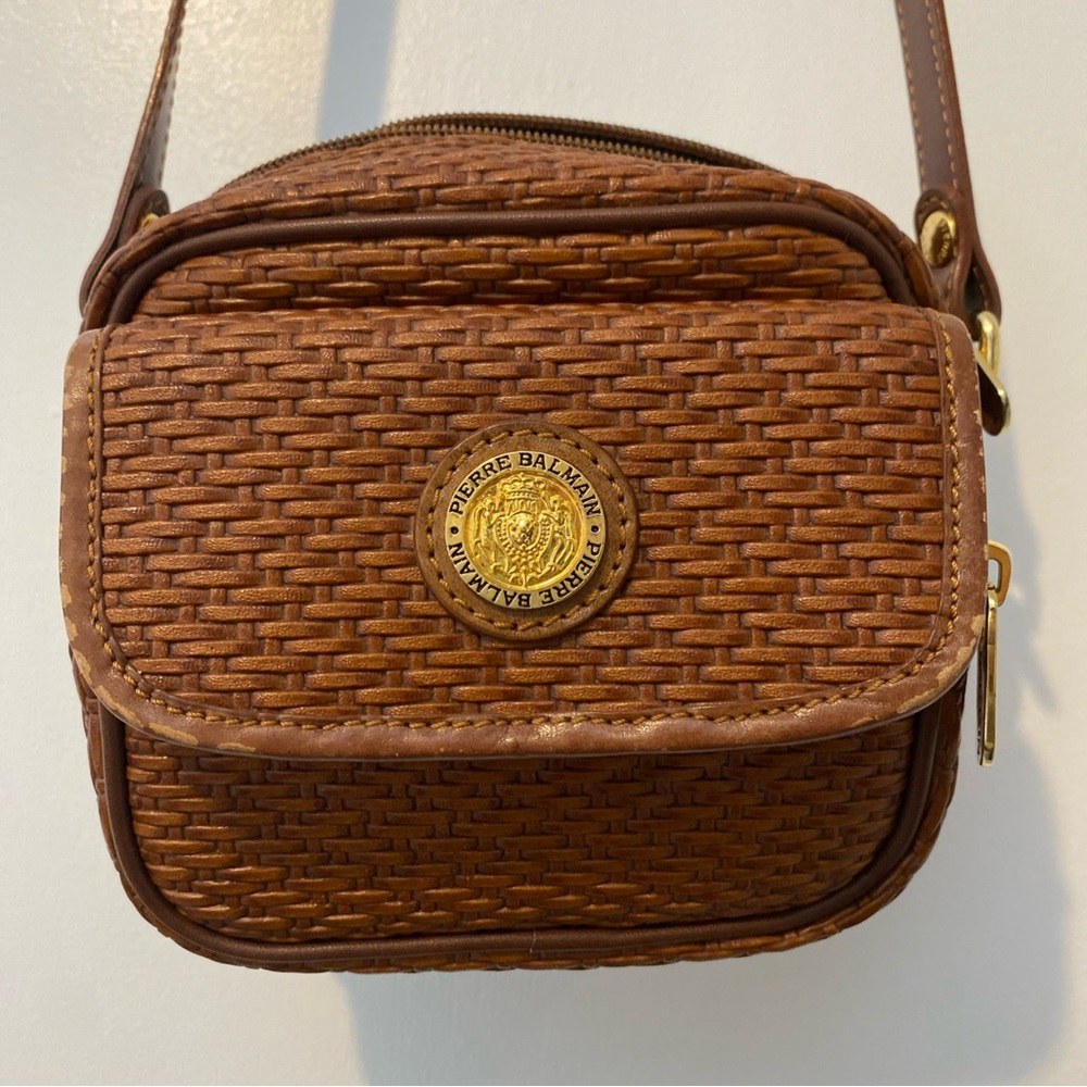 Pierre Balmain Brown Woven Crossbody Bag with Gold Emblem